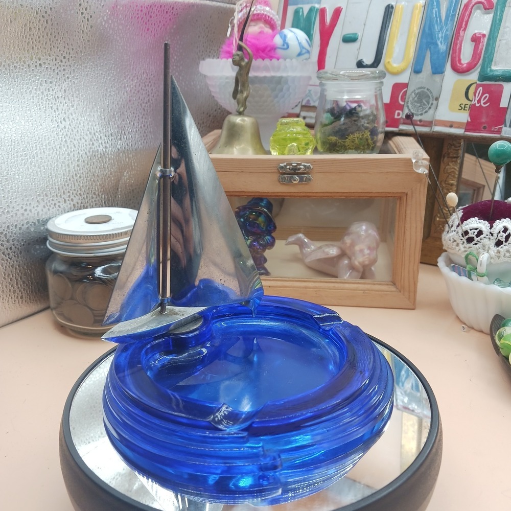 Hazel Atlas Art Deco Sailboat Ashtray Cobalt Blue Chrome Nautical 1930s